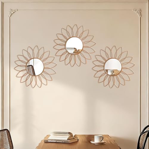 3 Pack Metal Mirrors for Wall Sunburst Wall Mirrors Home Décor Decorative Hanging Wall Art for Living Room Bedroom Entryway (Rose Gold2, Flowers)