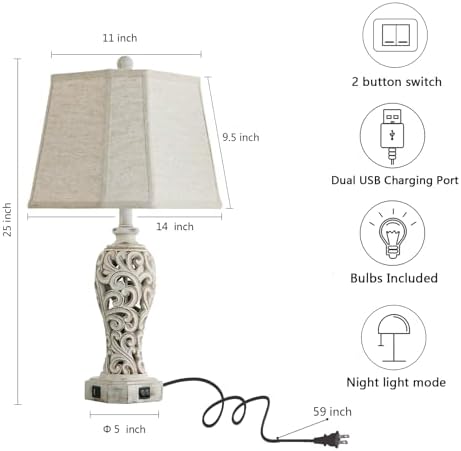 Set of 2 Rustic Table Lamps for Living Room Bedroom, Farmhouse Vintage Nightstand Lamp with 2 USB Ports, Hollow Out Resin Lamp for End Table with Nightlight, Bulbs Included (Wash White)