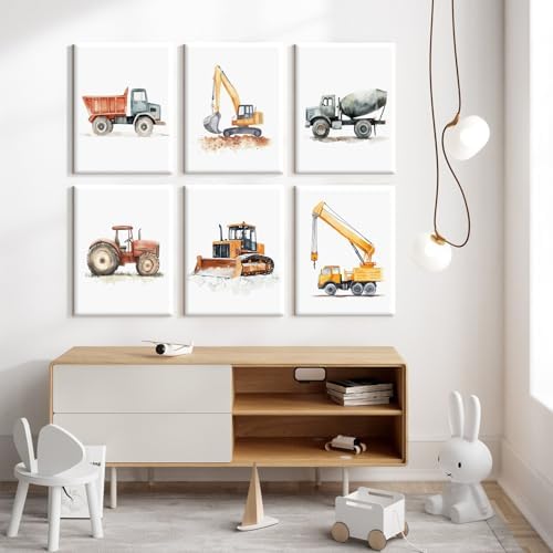 Nursery Construction Truck Wall Art Decor Toddler Boys Room Poster Kids Nursery Tractor Canvas Wall Art Construction Vehicle Pictures Boy Truck Artwork for Bedroom Playroom 12x16x6 Inch Unframed
