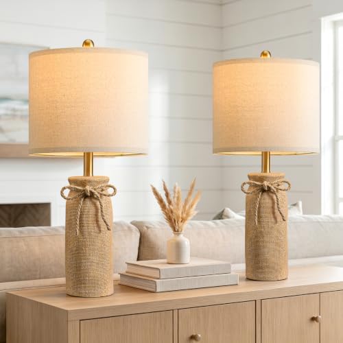 BOBOMOMO Boho Table Lamps for Living Room Set of 2, 25.5" Coastal Farmhouse Bedside Table Lamps for Nightstands, Resin Woven Rattan-Look Lamps for Bedroom, Entry Way, Rustic Home Decor