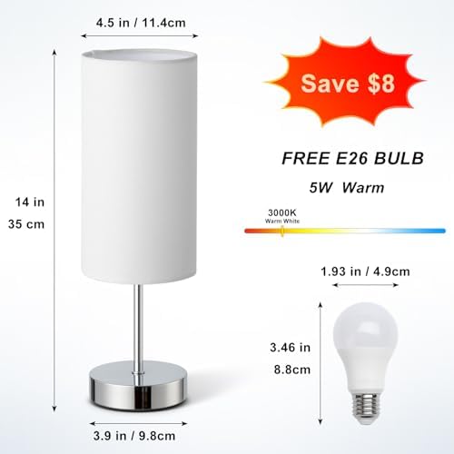 Small Table Lamp for Bedroom Nightstand, Round White Fabric Shade and Silver Metal Base, Modern Minimalist Bedside Lamps for Dresser, End Table, Office, College Dorm, Warm Light, 5W LED Bulb Included