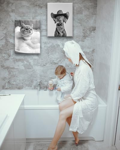 KensTro 12x16 Funny Vizsla Cowboy Bathroom Wall Art, Black and White | Black and White Vizsla Cowboy Canvas Wall Art with Humorous Animal Design for Bathroom, Powder Room or Guest Bath