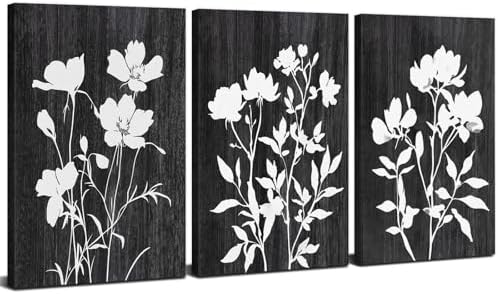 Black and White Silhouette Wall Art Abstract Flower Pictures Wall Decor Farmhouse Botanical Canvas Prints Rustic Floral Painting Poster Modern Artwork for Bedroom Living Room Decoration 24x36" 3Pcs