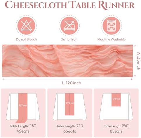 Sioloc 10 Pack Peach Coral Cheesecloth Table Runner 120'' x 35'',Spring Easter Decor Soft Gauze Boho Wedding Table Decor for 10ft Table Birthday Party,Baby Shower, Bridal Shower, Home & Event Decor