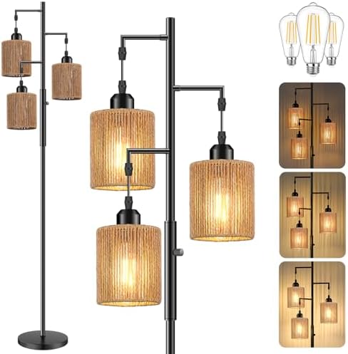 Hotsonic 72" Boho Rattan Tree Floor Lamp, Tall Dimmable Industrial Standing Lamp, Corner Decor Accent Lighting for Living Room, Bedroom, Dining Room, Nursery, Cafe (3 x 800LM Bulbs Included) - Black