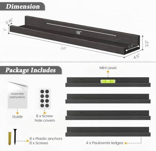 24 Inch Black Floating Picture Ledge Shelf, Photo Wall Shelves with Lip