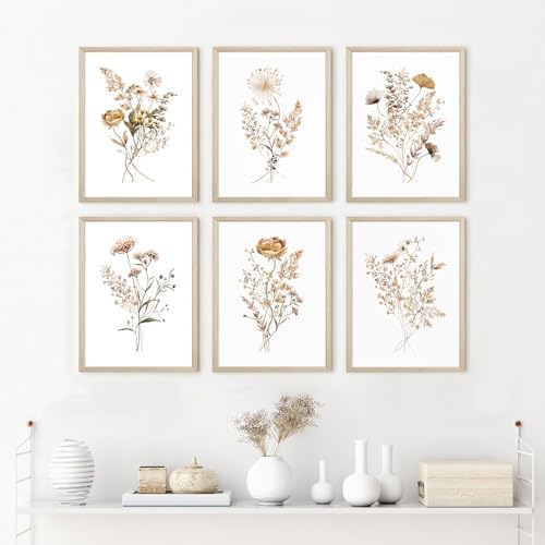 Watercolor Flower Wall Art Set of 6 Botanical Wildflower Wall Decor Boho Neutral Canvas Wall Art Vintage Prints Floral Pictures Minimalist Farmhouse Poster for Room Bedroom 12x16 Inch Wood Frame