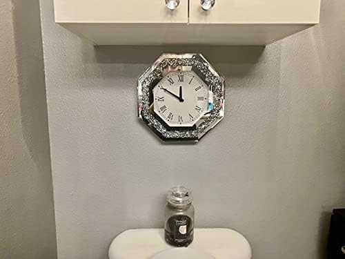 Wall Clock, Octagon Mirror Glass Clock, Cute Diamond 12-inch Non-Ticking Clock for Wall Décor, Perfect Home Decor for Bedroom, Bathroom Motif, Dining Room(Excluding Batteries.)