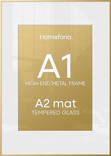 Homeforia A1 Gold Poster Frame, High-End Metal, A2 Mat, Glass