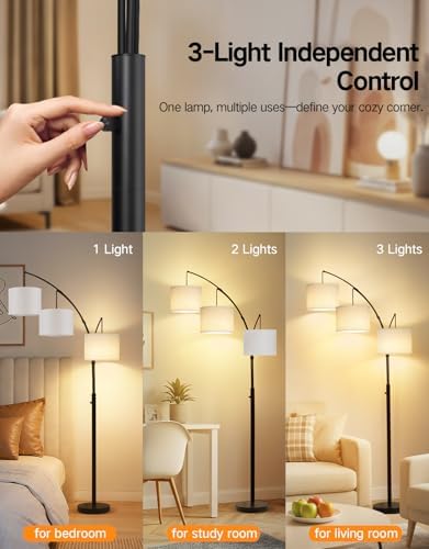 OUTON Arc Led Floor Lamp, Modern Black 3 Light Tall Floor Lamp for Bedroom, 2400lm Mid Century Adjustable Standing Corner Lamps for Living Room Office, 3 LED Bulbs Included, White Lampshade