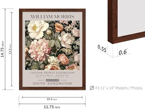 Poster Master William Morris Poster - Pink Peonies Print - Flower Art - Botanical Art - Exhibition Illustration - Textile Pattern Illustration - Floral Illustration - Aesthetic Office or Bedroom Decor - 11x14 Brown Framed