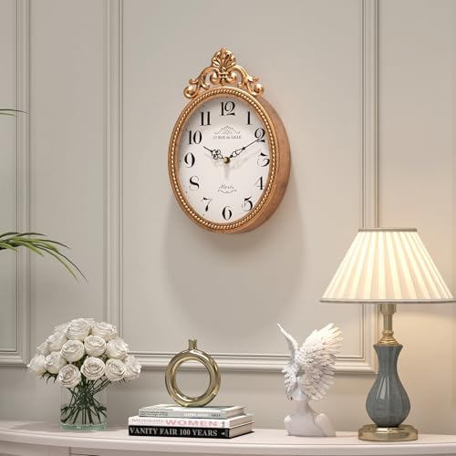 Abdurey Small French Retro Decor Wall Clock,Antique Gold Vintage Oval Style