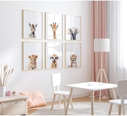 Safari Nursery Wall Art Decor Set of 6 Baby Animal Wall Art Kids Canvas Wall Art Safari Nursery Pictures Jungle Animal Prints Baby Boy Art Giraffe Painting for Room Bedroom 8x10 Inch Unframed