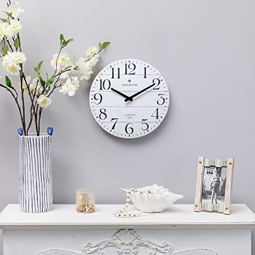 NIKKY HOME Farmhouse White Wall Clock - 12 Inch Quartz Battery Operated Vintage Wooden Decorative Silent Analog Clock for Kitchen, Living Room, Bedroom, Office