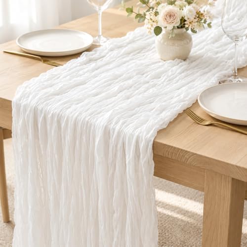 Sioloc Ivory White Cream Cheesecloth Table Runner 120'' x 35'', Spring Easter Decor Soft Gauze Boho Wedding Table Decor for 10ft Table Birthday Party, Baby Shower, Bridal Shower, Home & Event Decor