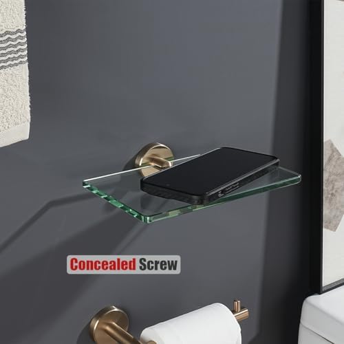 JQK Bathroom Glass Shelf, Tempered Glass Shower Storage 8 by 5 inches, 304 Stainless Steel Champagne Bronze Wall Mount, TGS101L8-CB