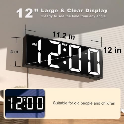 JALL Digital Wall Clock Large Display with Big LED Numbers, Remote Control, 8 RGB Colors, Auto DST, Night Light for Classroom Living Room Bedroom Birthday Gift for Senior (White Font, 12 inches)