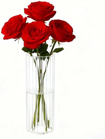 Flower Vase, Non-breakable Vase for Flower, Ribbed Acrylic Vase, 4"W x 10"H Tall Clear Cylinder Vases for Centerpieces, Living Room, Dining Table, Office, Bookshelf Decoration Housewarming Gift