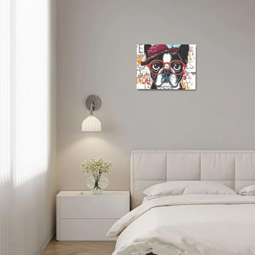 French Bulldog Decor Wall Art Funny Graffiti Dog Pictures Cute Puppy Canvas Prints Painting Pet Artwork English Bulldog Decorations for Bathroom Bedroom Living Room Framed Dog Lover Gifts 20"x24"