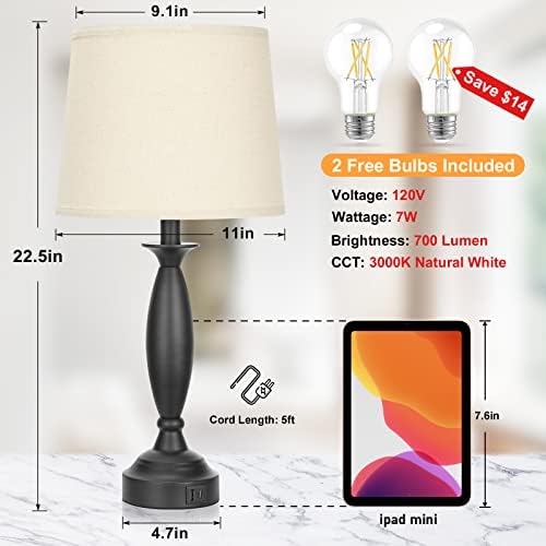 Bedroom Lamps for Nightstand, 3 Way Dimmable Black Bedside Lamps with USB