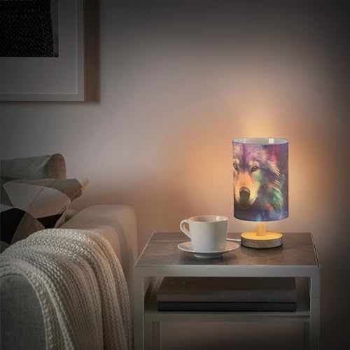 Wolf Starry Table Lamp Bedside Lamps with USB Port,Wood Base Round Flaxen Fabric Shade for Bedroom