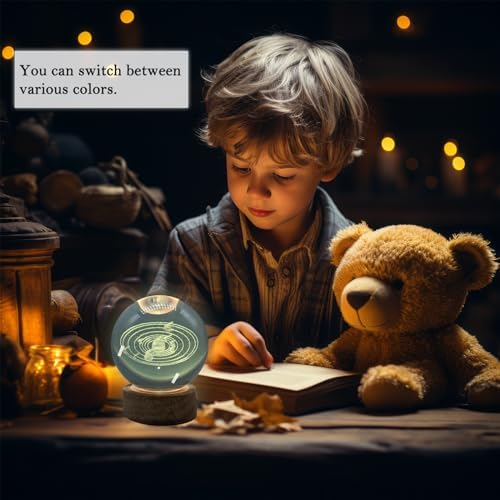 3D Crystal Ball 3.15" With LED Lamp, Colorful Wooden Base Night Light, Removable Glow Ball, Color Changing Light With Remote (4-SolarSystem)