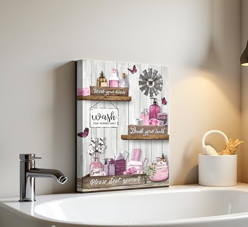 Pink Farmhouse Bathroom Canvas Wall Art Vintage Rustic Country Toilet Painting Picture Wall Decor Poster Print Artwork for Washroom Restroom Home Decoration