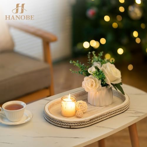 Hanobe 15" White Oval Decorative Trays for Coffee Table Decor, Beaded Edge