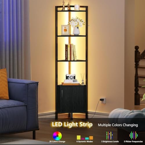 Furnulem 5-Tier Corner Shelf with LED Light,Black Corner Cabinet with Doors