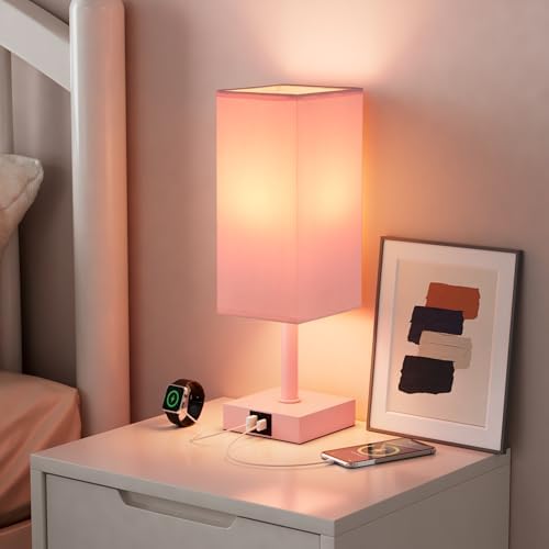 Touch Table Lamp for Bedroom - Dimmable, USB C+A, Pink Lamphade Pink Base