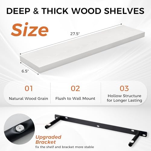 Fun Memories 27.5 Inch Deep Floating Shelves, Set of 2 Heavy Duty Wall Mounted Shelves with Invisible Brackets, Large Rustic Wood Storage Bookshelf for Living Room, Bathroom and Kitchen, White