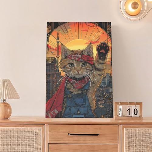 Crekviy Funny Cat Decor Wall Art Superhero Portrait Pictures Cute Kitten Canvas Prints Painting Artwork Decorations for Bathroom Bedroom Living Room Framed Kids Gifts for Cat Lover 16"x24"