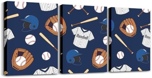 Feelyou Baseball Theme 3 Piece Canvas Wall Art for Living Room Bedroom Baseball Uniform Wall Art for Home Decor Sport Helmet Office Decor Artwork Navy Blue Picture Posters