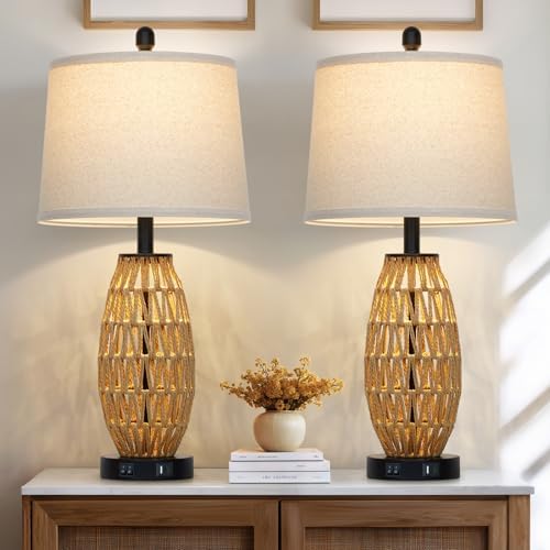 CINSARY 27" Rattan Table Lamps Set of 2, Boho Bedside Lamp for Bedroom with Night Light, Coastal Woven Wicker Nightstand Lamps with USB A+C Charging Port, Tall Farmhouse Living Room Lamp