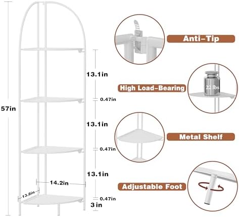 Crofy 4-Tier Foldable Corner Shelf, Metal White Frame & Shelves