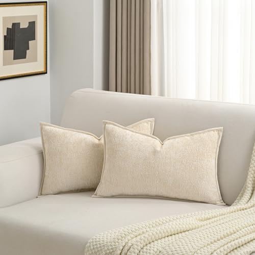 FUTEI Pack of 2 Chenille Soft Throw Pillow Covers 12x20 Inch, Beige