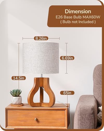 EDISHINE 14.6" Modern Table Lamp, Rose Wood Base Nightstand Lamp, E26 Base