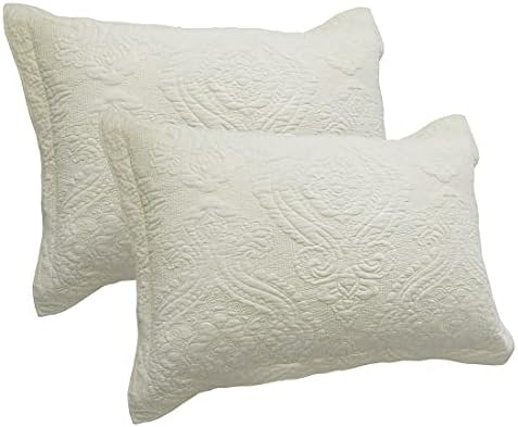 vctops 2-Piece Embroidered Cotton Quilted Pillow Shams Vintage Floral Decorative Pillow Covers Boho Pillow Cases Queen Size, Beige