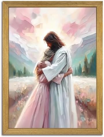 Pink Jesus Wall Art, Christian Canvas Wall Decor Paintings, Jesus Healing Embracing Woman Posters Print Artwork, Pink Room Decor for Living Prayer Church Bedroom 16x24 inch Framed