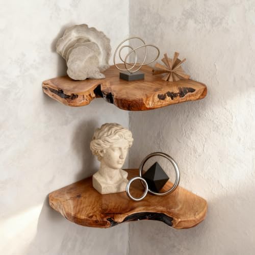 WELLAND Live Edge Cedar Corner Shelf Set of 2, Floating Wall Shelves