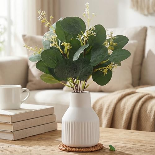 Artificial Eucalyptus Greenery Stems in Ceramic Vase,10Pcs Fake Plants Eucalyptus Leaves faux Plants for Centerpiece Table Decorations Home Room Decor office desk decor Greenery Decor indoor (White)