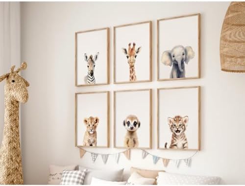 Safari Nursery Wall Art Decor Set of 6 Baby Animal Wall Art Kids Canvas Wall Art Safari Nursery Pictures Jungle Animal Prints Baby Boy Art Giraffe Painting for Room Bedroom 8x10 Inch Unframed