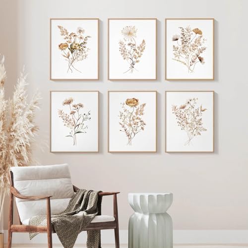 Watercolor Flower Wall Art Set of 6 Botanical Wildflower Wall Decor Boho Neutral Canvas Wall Art Vintage Prints Floral Pictures Minimalist Farmhouse Poster for Room Bedroom 12x16 Inch Unframed