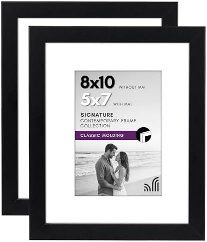 Americanflat 8x10 Picture Frame with Shatter-Resistant Glass - Set of 2 - Use as 5x7 Frame with Mat or Display 8x10 Photo Without Mat - Signature Collection - Photo Frames for Tabletop or Wall - Black