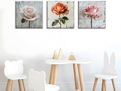 NAN Wind 3Pcs Rose with Distressed Wood Background Framed Canvas Art Vintage Floral Botanical Print Shabby Chic Flower Painting for Home Decor Ready to Hang Wall Art for Living Room Bedroom Kitchen