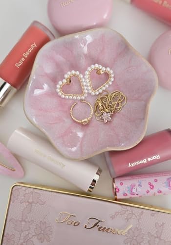 JAMEND CLXP Lotus Leaf Shape Decorative Ring Tray, Small Key Bowl, Ceramic Trinket Tray Jewelry Dish Organizing Necklace Earrings, Home Decoration for Mom Best Friend Sister, Pink.