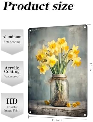 Jar with Daffodil Floral Bouquet Farmhouse Metal Tin Sign Spring Flowers Wall Decor Funny Decoration for Home Kitchen Bar Garage Vintage Retro Poster Plaque Tin Signs 12X16 Inches(443B)