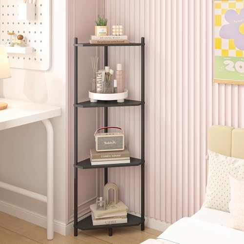 Wisuce Black Small Corner Shelf Stand, 4-Tier Bamboo Corner Bookshelf