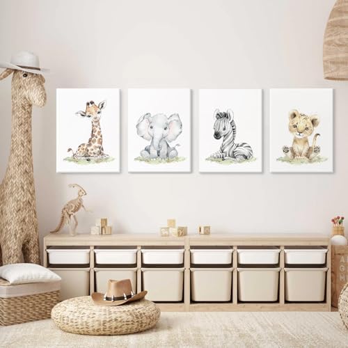 Safari Nursery Wall Art Decor Baby Animal Canvas Wall Art Woodland Nursery Wall Decor Kids Jungle Animal Pictures Safari Giraffe Elephant Tiger Prints for Room Bedroom 12x16x4 Inch Wrapped Canvas