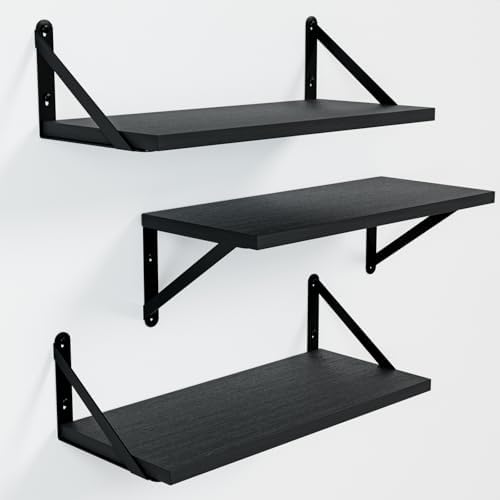 COCOYA Wall Shelves 7.3" Deep Solid Paulownia Wood (Black, Set of 3)